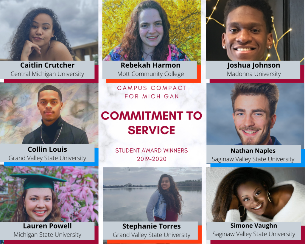Collage of 8 winners of 2019-2020 Commitment to Service Student Award Winners